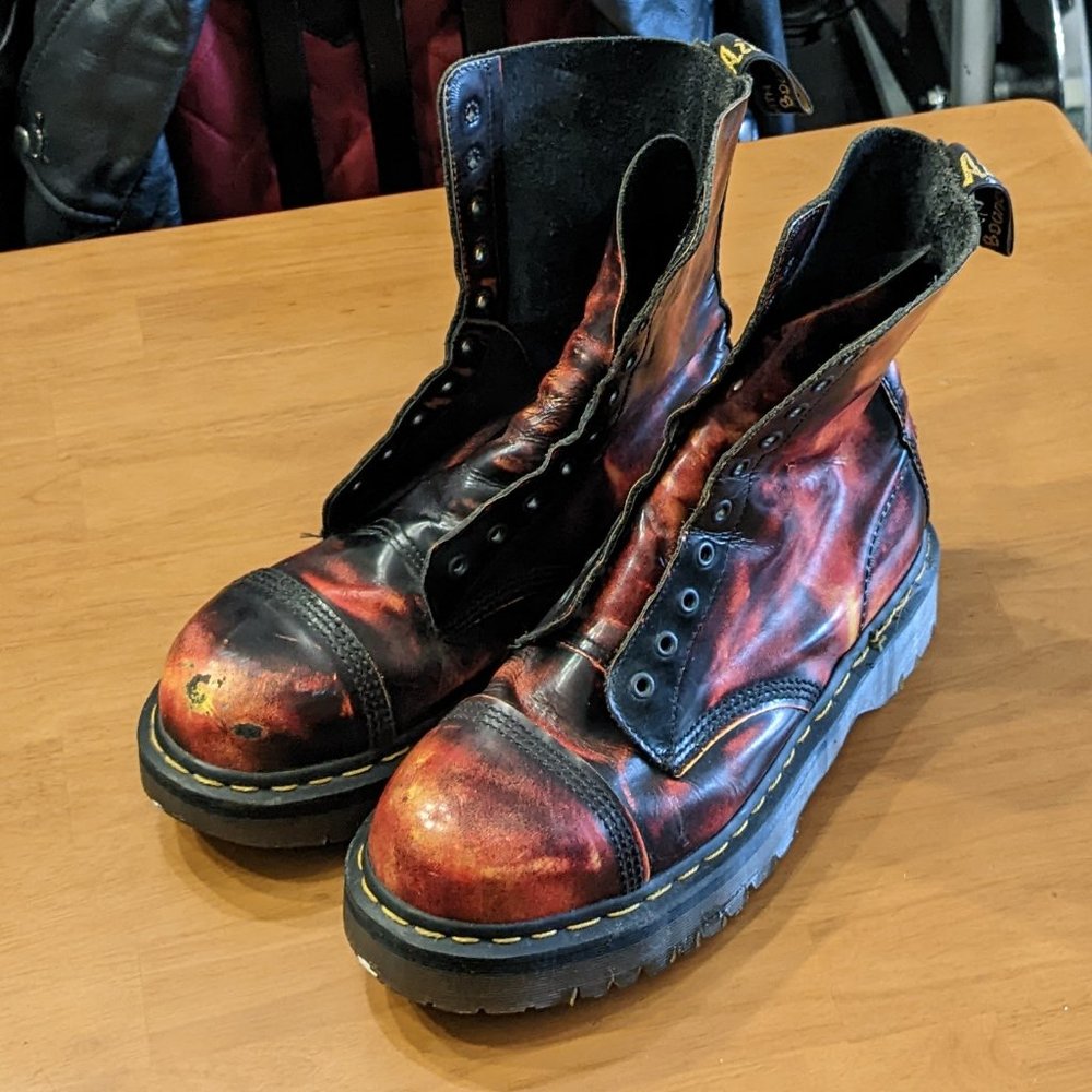 Vintage Doc Dr Martens Orange & Black Steel Toe Boots - Made in England - UK 10